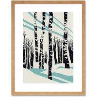 Artery8 Wall Art Print Modern Birch Tree Forest in Winter Modern Stencil Design Monochrome & Teal Artwork Framed 9X7 Inch in Beige | Size: W7" x H9"