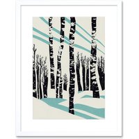 Artery8 Wall Art Print Modern Birch Tree Forest in Winter Modern Stencil Design Monochrome & Teal Artwork Framed 9X7 Inch in White | Size: W7" x H9"