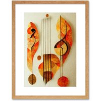 Artery8 Wall Art Print Modern Abstract Musical Symbol Clef & Staff in Warm Autumn Colours Artwork Framed 9X7 Inch in Beige | Size: W7" x H9"