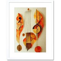 Artery8 Wall Art Print Modern Abstract Musical Symbol Clef & Staff in Warm Autumn Colours Artwork Framed 9X7 Inch in White | Size: W7" x H9"