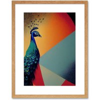 Artery8 Wall Art Print Modern Peacock Portrait in Colourful Abstract Vibrant Orange Artwork Framed 9X7 Inch in Beige | Size: W7" x H9"