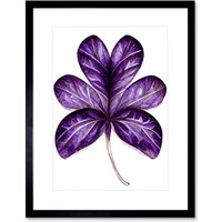Artery8 Wall Art Print Purple on White Six Clover Modern Simple Leaf Artwork Framed 9X7 Inch in Black | Size: W7" x H9"