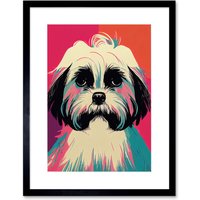 Artery8 Wall Art Print Modern Cute Shih Tzu Dog Vibrant Bright Portrait in Pink Blue Orange Cream Artwork Framed 9X7 Inch in Black | Size: W7" x H9"