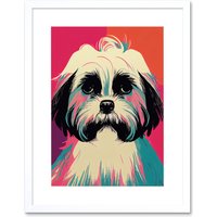 Artery8 Wall Art Print Modern Cute Shih Tzu Dog Vibrant Bright Portrait in Pink Blue Orange Cream Artwork Framed 9X7 Inch in White | Size: W7" x H9"