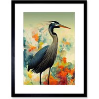 Artery8 Wall Art Print Heron Bird in Abstract Flower Field Colourful Teal Orange Navy Artwork Framed 9X7 Inch in Black | Size: W7" x H9"