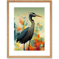 Artery8 Wall Art Print Heron Bird in Abstract Flower Field Colourful Teal Orange Navy Artwork Framed 9X7 Inch in Beige | Size: W7" x H9"