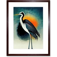 Artery8 Wall Art Print Heron Monochrome Bird Portrait Orange Sunrise Acrylic Paint Artwork Framed 9X7 Inch in Brown | Size: W7" x H9"