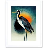 Artery8 Wall Art Print Heron Monochrome Bird Portrait Orange Sunrise Acrylic Paint Artwork Framed 9X7 Inch in White | Size: W7" x H9"