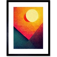 Artery8 Wall Art Print Abstract Geometric Retro Eclipse Moon Sun Yellow Pink Teal Colourful Sunset Artwork Framed 9X7 Inch in Black | Size: W7" x H9"