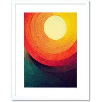 Artery8 Wall Art Print Abstract Sunrise Sunset Sunshine Retro Style Yellow Orange Cream Teal Artwork Framed 9X7 Inch in White | Size: W7" x H9"
