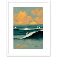Artery8 Wall Art Print Surfers Surfing Chasing Waves at Sunset Teal Mustard Abstract Oil Paint Artwork Framed 9X7 Inch in White | Size: W7" x H9"