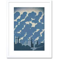 Artery8 Wall Art Print Windsor Castle with Cloudy Sky Lithograph in Blue Artwork Framed 9X7 Inch in White | Size: W7" x H9"