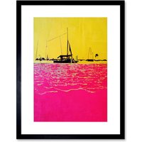 Artery8 Wall Art Print Modern Abstract Seaside Port With Colour Blocking Yellow & Hot Pink Artwork Framed 9X7 Inch in Black | Size: W7" x H9"