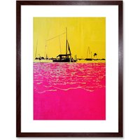 Artery8 Wall Art Print Modern Abstract Seaside Port With Colour Blocking Yellow & Hot Pink Artwork Framed 9X7 Inch in Brown | Size: W7" x H9"