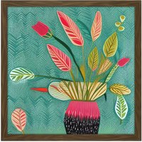 Artery8 Wall Art Print Triostar Plant Vibrant Textured Pot Green Red Pink Tricolour Square Framed Picture 16X16 Inch in Brown | Size: W16" x H16"