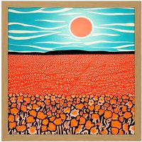 Artery8 Wall Art Print Landscape California Poppy Flowers Blue Sky Sunrise Painting Square Framed Picture 16X16 Inch in Light Oak | Size: W16" x H16"