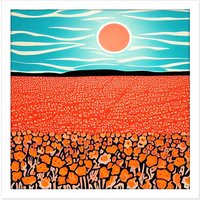 Artery8 Wall Art Print Landscape California Poppy Flowers Blue Sky Sunrise Painting Square Framed Picture 16X16 Inch in White | Size: W16" x H16"