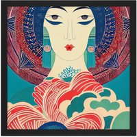 Artery8 Wall Art Print Geisha Art Deco Portrait Blue Pink Red Pattern Linocut Square Framed Picture 16X16 Inch in Black | Size: W16" x H16"