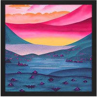 Artery8 Wall Art Print Lakeside Landscape With Pink Crystals Peaceful Multicolour Sunrise Watercolour Square Framed Picture 16X16 Inch