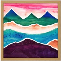 Artery8 Wall Art Print Watercolour Himalayan Mountain Range Blood Red Sky Colourful Square Framed Picture 16X16 Inch in Light Oak | Size: W16" x H16"