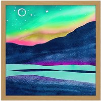 Artery8 Wall Art Print Northern Lights Aurora Borealis Midnight Sun Mountain Landscape Square Framed Picture 16X16 Inch | Size: W16" x H16"