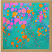 Artery8 Wall Art Print Modern Abstract Pink Orange Circles On Teal Colourful Square Framed Picture 16X16 Inch in Light Oak | Size: W16" x H16"