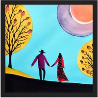 Artery8 Wall Art Print Evening Walk In Autumn Fall Couple In Love Holding Hands. Square Framed Picture 16X16 Inch in Black | Size: W16" x H16"