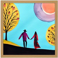 Artery8 Wall Art Print Evening Walk In Autumn Fall Couple In Love Holding Hands. Square Framed Picture 16X16 Inch in Light Oak | Size: W16" x H16"