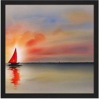 Artery8 Wall Art Print Into The Sunset Watercolour Sailing Red Sail Boat On Calm Sea Square Framed Picture 16X16 Inch in Black | Size: W16" x H16"