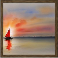 Artery8 Wall Art Print Into The Sunset Watercolour Sailing Red Sail Boat On Calm Sea Square Framed Picture 16X16 Inch in Brown | Size: W16" x H16"