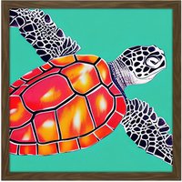 Artery8 Wall Art Print Ocean Loggerhead Turtle Red Shell Watercolour Ink Square Framed Picture 16X16 Inch in Brown | Size: W16" x H16"