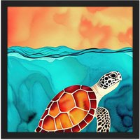 Artery8 Wall Art Print Red Shelled Loggerhead Sea Turtle Square Framed Picture 16X16 Inch in Black | Size: W16" x H16"