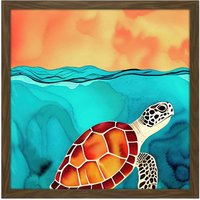 Artery8 Wall Art Print Red Shelled Loggerhead Sea Turtle Square Framed Picture 16X16 Inch in Brown | Size: W16" x H16"
