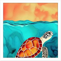 Artery8 Wall Art Print Red Shelled Loggerhead Sea Turtle Square Framed Picture 16X16 Inch in White | Size: W16" x H16"