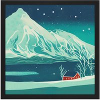 Artery8 Wall Art Print The Red House Norway Fjords Winter Mountains Night Sky Stars Snow Hills Square Framed Picture 16X16 Inch | Size: W16" x H16"