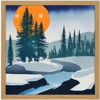 Artery8 Wall Art Print Orange Moon Mountains Pine Forest Winter River Rocks Watercolour Square Framed Picture 16X16 Inch | Size: W16" x H16"