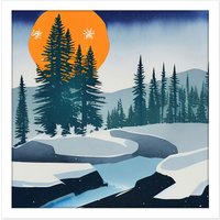 Artery8 Wall Art Print Orange Moon Mountains Pine Forest Winter River Rocks Watercolour Square Framed Picture 16X16 Inch in White | Size: W16" x H16"