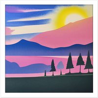 Artery8 Wall Art Print Sunset Mountain Forest Winter Lake Magenta Watercolour Square Framed Picture 16X16 Inch in White | Size: W16" x H16"