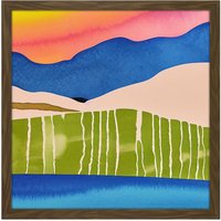 Artery8 Wall Art Print Abstract Sunset Landscape Watercolour Land Sea Sky Square Framed Picture 16X16 Inch in Brown | Size: W16" x H16"