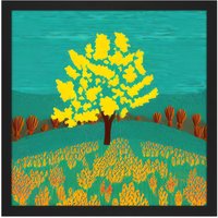 Artery8 Wall Art Print Bright Yellow Tree On Turquoise Hill Modern Autumn Square Framed Picture 16X16 Inch in Black | Size: W16" x H16"