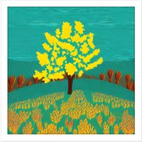Artery8 Wall Art Print Bright Yellow Tree On Turquoise Hill Modern Autumn Square Framed Picture 16X16 Inch in White | Size: W16" x H16"