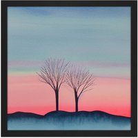Artery8 Wall Art Print Two Winter Trees Sunset Simple Landscape Soft Watercolour Painting Square Framed Picture 16X16 Inch | Size: W16" x H16"