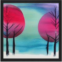 Artery8 Wall Art Print Winter Forest Tree Landscape Japan Inspired Modern Abstract Watercolour Painting Turquoise Pink Purple Square Framed Picture