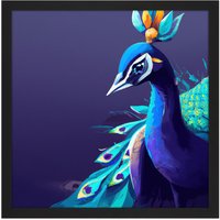 Artery8 Wall Art Print Peacock Peafowl Navy Blue Bird Nature Modern Contemporary Watercolour Painting Square Framed Picture 16X16 Inch