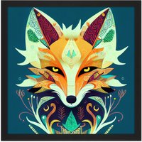 Artery8 Wall Art Print Contemporary Folk Style Fox Abstract Face Portrait Orange Teal Square Framed Picture 16X16 Inch in Black | Size: W16" x H16"
