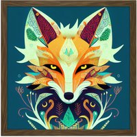 Artery8 Wall Art Print Contemporary Folk Style Fox Abstract Face Portrait Orange Teal Square Framed Picture 16X16 Inch in Brown | Size: W16" x H16"