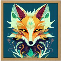 Artery8 Wall Art Print Contemporary Folk Style Fox Abstract Face Portrait Orange Teal Square Framed Picture 16X16 Inch | Size: W16" x H16"