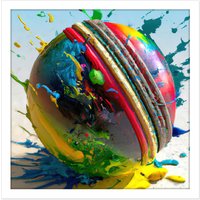 Artery8 Wall Art Print Cricket Ball Dynamic Paint Splatter Bright Action Painting Square Framed Picture 16X16 Inch in White | Size: W16" x H16"
