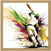 Artery8 Wall Art Print Sports in Motion Cricket Batsman Splatter Style Painting Square Framed Picture 16X16 Inch in Light Oak | Size: W16" x H16"