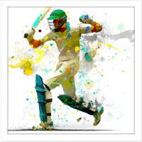Artery8 Wall Art Print Sports Cricket Batsman Motion Throw Splatter Oil Painting Square Framed Picture 16X16 Inch in White | Size: W16" x H16"